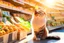 Placeholder: cute contented cat is shopping in a foodstore in sunshine. Food, fruits