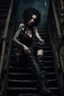 Placeholder: scarred cyberpunk vampire girl with tribal tattoos short curly dark cyberpunk hair descending the staircase in decaying gothic mansion with machine gun in hand at dawn