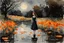 Placeholder: Night, one woman, orange flowers, gothic horror movies influence, puddle, epic, winslow homer watercolor paintings