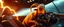 Placeholder: a space sheep in a cockpit with no hair or wool, and orange lizard like skin, running crazy like a dino, dropping lightening like thor
