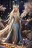 Placeholder: Elven princess,elven crown,long white blonde golden hair,rapunzel hair,ice flowers,beautiful,light blue,dark blue,golden armor,sparkle,glitter,ice flowers,snow,elven ears,dark fairy princess