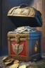 Placeholder: in a LARGE BASEMENT, half-buried in the earth, an ancient, worn-out, worn-out, torn-side valise peeks out, from which gold coins from the time of Catherine the Great fall out. The ancient coat of arms of Russia, the double-headed eagle, is BARELY VISIBLE on the bag. There are a lot of broken bricks and earth around the bag. All in high quality 8K