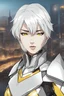 Placeholder: Asian woman with white hair, yellow eyes, wearing light futuristic armor, arrogant, cityscape background, RWBY animation style