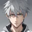 Placeholder: A stunningly detailed (((headshot portrait))), capturing the essence of a young man in his 20s with silver hair and piercing gray eyes, exuding a sense of confidence and protection, anime realism style