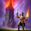 Placeholder: army in front of a tall skewed tower on fire in a hurricane, upper body of purple devil with spear