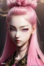 Placeholder: Detailed cute anime Kunoichi girl, pink hair buns, pink bangs, black latex bodysuit, intricate details, full body portrait, keep head in frame, slight smile, black Japanese motif, concept art, highly detailed, digital painting, concept art, sharp focus, illustration, art by Yoji Shinkawa, WLOP and greg rutkowski and alphonse mucha and artgerm and yanjun Chen and Junji ito and Makoto Shinkai, HDR, octane render