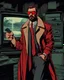 Placeholder: a young man with big muscles who looks like hans gruber wearing a heavy coat and red sunglasses staring with an irritated look on his face smasing a television