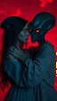 Placeholder: A beautiful girl hugging an ugly alien with glowing eyes in , they looks to each other with romantic themes background is a vivid red sky, and the lighting creates a dramatic and otherworldly atmosphere