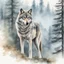 Placeholder: A mesmerizing painting that showcases the captivating beauty of a wolf. The wolf's body is intricately detailed, with its fur rendered in a myriad of textures and shades. At the center of the wolf's body, a stunning watercolor landscape unfolds, capturing the serene atmosphere of a foggy forest. Towering pine trees rise above the mist, their branches delicately outlined against the soft, green sky. A silhouette of a deer stands at the forest's base, gazing intently into the distance. The predomi