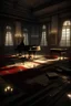 Placeholder: evening ballroom. The lighting inside the ballroom has been lowered, with only a few faint candle lights dotting the space to creates a mysterious and unsettling atmosphere. some notes or documents on the piano. some shattered wine glasses, traces of blood on floor, a gun lies abandoned on the floor, indicating the intensity of the conflict.