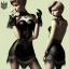 Placeholder: Russian short hair beautiful damsel boyish boylike wide hips round hips shortcut in black girlish lacy dress in black magic room