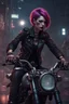 Placeholder: vampire girl showing fangs with short cropped cyberpunk hair riding a cafe racer motorcycle in a post apocalyptic city at night