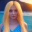 Placeholder: Beautiful sunny face woman blue eyes long blond hair in an hippy blue flower dress on a beach, unreal engine, 4k