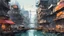 Placeholder: Water-level view of buildings made of reused dirty rusty metal next to futuristic canal junction, cyberpunk, many painted colours, flying boats, balconies, bridges, people, shopping, eating, walking, fifth element, ghost in the shell, altered carbon, Ian McQue, lineart and watercolour