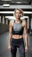 Placeholder: photography of a beautiful anorexic woman, grey satin triathlon top, sports illustrated, blond short wavy bob haircut, pronounced sternum, flat chest, anthracite cycling leggins