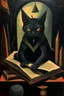 Placeholder: 1970's dark fantasy book cover paper art dungeons and dragons style painting of a cat with minimalist far perspective