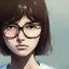 Placeholder: portrait of a teenage girl with bangs, brown hair and bangs, round silver glasses with thin rims, wearing an oversized sweater, dramatic lighting, anime illustration by Greg rutkowski, yoji shinkawa, 4k, digital art, concept art, trending on artstation, アニメ, featured on pixiv