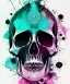 Placeholder: minimal lineart skull. watercolor and ink. broken. particles. black background. teal and magenta