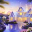 Placeholder: landscape of summer tropical ambient beutiful villa white gold and neon lights bright and colorful bright gloss effect of a futuristic house,like spaceship, natural round shapes concept, large transparent view of the open outdoor garden,sea beach at sunset, gold crystals,with light pink, flowers of Lotus, beutiful pools, light of sun , palmiers,cerisiers en fleurs, wisteria, sun , stars, small waterfalls