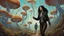 Placeholder: woman with black hair, in brown leather trousers and jacket, walking through Alien mushrooms with jellyfish tentacles in an alien forest, photorealistic, Deep Colour, Intricate Detail, sunshine, blue sky