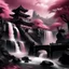 Placeholder: photo real, art, fantasy, pink, black, waterfall, temple, beautiful style, Japan