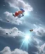 Placeholder: Ultra realistic speed clouds sky scene, wide angle view, strong men falling down with many Childs, circus clothing style, feather color clothing, free jumping flying, many trinkets, hair monster, many jelly beans, balls, color smoke, smile, happy, extreme, wind, clouds sea, 20,000 feet altitude, stratosphere, soft color, highly detailed, unreal engine 5, ray tracing, RTX, lumen lighting, ultra detail, volumetric lighting, 3d, finely drawn, high definition, high resolution.