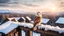 Placeholder: a barn owl sitting an old ruined rooftop and looking to te camera, over a winter landscacpe with european forest , snowy landscape, little light, sunrise, one old poor ruined small villager hut from above, high detailed, sharp focuses, photorealistic, perspective, cinematic