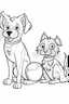 Placeholder: a dog with a ball on it's mouth with a cat beside it. kids coloring book. no color. thin crisp lines