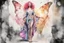 Placeholder: A beautiful woman with knee-length curly pink hair, wearing a butterfly-sleeved ankle-length tie-dye kaftan and silver high-heeled sandals, double exposure, merged layers, watercolor and black ink outlines, soft, shading strokes, cracked marble holographic background, the cracks are golden S<AI in sunshine