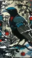 Placeholder: A contemporary serigraphy by Matisse and Kunisada of a raven with a human body adorned in a punk leather jacket within a snowy Christmas atmosphere.