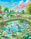 Placeholder: in the center: beautiful chunky cats dancing on a bridge , background: landscape, first plan: pink flowers and a small river with blue water, sky: white clouds with more cats sitting on them