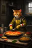 Placeholder: Garfield making lasagna, gothic painting style, resident evil death stranding