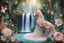 Placeholder: A beautiful fairytale magical composition of a rainforest with a waterfall, a masterpiece, patchwork-like, made of different materials: tulle embroidered with precious stones, lace and real pearls, silk, velvet, burlap, faux fur with leopard print. Unicorn, flowers