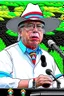 Placeholder: Ilustración vectorial de Gustavo Petro con gorra deportiva camisa colores negro, blanco y rojo, fondo negro