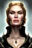 Placeholder: Cersei Lannister as evil queen in black leather coat, busty, cleavage, voluptuous, lena headay, angry, stern look. character design by cory loftis, fenghua zhong, ryohei hase, ismail inceoglu and ruan jia. unreal engine 5, artistic lighting, highly detailed, photorealistic, fantasy