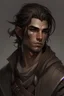 Placeholder: DND toned male half-elf rogue light brown skin, dark buzzed hair sad series look
