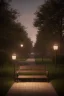 Placeholder: Park at night with lanterns, square bench, and dirt roads, trees, gothic horror films influence, creepy, photography