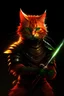 Placeholder: A realistic humanoid cat, sunset orange fur, blood red stripes, Wearing black leather armour, Wielding a rapier, Blinking with one eye, grinning, Scar over right eye, Glowing green eyes, shrouded in shadows, combat pose, sparks flying