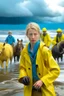 Placeholder: A 23-year-old woman with blond/ brown hair and bright blue eyes stands in the sea, she has a messy bun. dressed in a yellow fisherman's jacket ag. She holds an umbrella, but it offers no protection from the pouring rain. Around her, heavy horses are moving. The rain is pouring heavily.!! She is standing in the middle of the sea. it's not a close up, she is very smell because of the big sea You can see here completely. middle of the sea, green pants, bolder, green