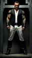 Placeholder: Jason David Frank Very muscular man with short hair and tribal tattoos piercings wearing a white open necked button up shirt and black suit jacket dark fantasy standing in a doorway