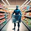 Placeholder: A supervillain with a shopping cart is shopping in a supermarket.