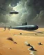Placeholder: Bosch painting style A nuclear submarine left in the desert with sands and a little water and stormy clouds ,moved by a ufo spaceship and aliens are surrounding the submarine examining the submarine is tied by iron rob lefter it up by the ufo spaceship in the water