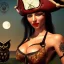 Placeholder: hyper realistic, beautiful spanish girl, short black air, green eyes, with owl tatoo, dressed a steampunk pirate, bra with carved leather, Pirate ships in background. salvador dalì style. high details, full moon. 4k, unreal engine