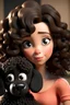 Placeholder: Menina com cabelo ondulado castanho escuro, olhos CASTANHOS , com um cachorro poodle preto , Disney Pixar