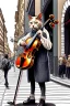 Placeholder: One single mature cat playing violin on the street, Vienna, friendly, model style, hyper realistic, extremely accurate, delicate, extremely detailed, Graphic novel style, wide-angle, open aperture, superfine pencil