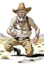 Placeholder: runner Bare drunk old cowboy in pants with Bottle