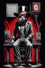 Placeholder: standing is a man with a wide hat(wide flat brim and a flat top, shading face) wearing a gas-mask standing, beside an electric-chair, vignette, black and white graphic novel style with a red outline on black background, gothic horror