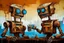 Placeholder: two crazy rusty scrappy robots drinking coffee in urban decay, negative space, wet print, ink leak, overheat, dramatic, cinematic, sudden jolt dynamics, amazing reflections and parallels and verticals, Afro-futurism, surreal futurist architecture art, surreal liminal space, tribal vibe and patterns, colors of light sky blue and beige and black