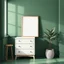 Placeholder: Mock-up frame standing on commode in dark green home interior close up, 3d render