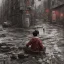 Placeholder: just a distant japanese boy, photo from behind, black hair, sitting on floor, akira red jacket with pill in the back, tokyo post apocalyptic, rain, extremely detailed, extremely realistic